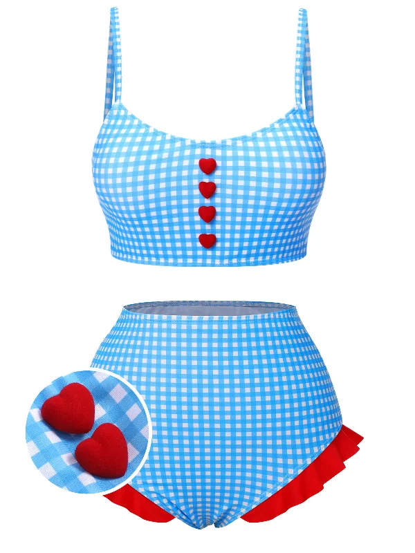 Blue 1950s Spaghetti Strap Button Plaids Swimsuit Plus-Size Bikini Set