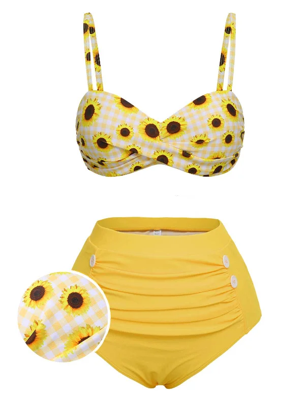 Yellow 1950s Spaghetti Strap Sunflower Plaids Swimsuit Summer Ready Swimsuit