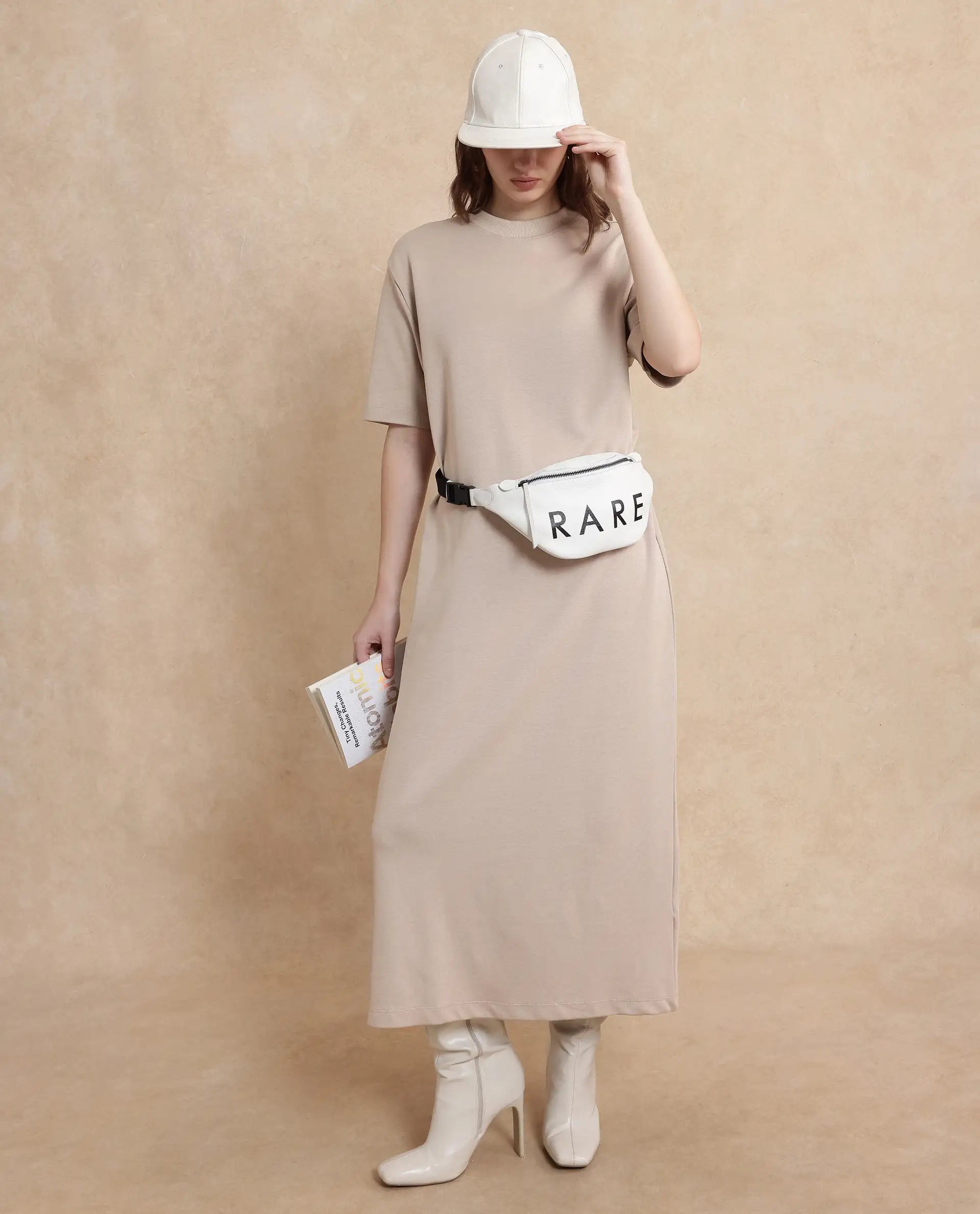 Rareism Women Afrinca Beige Cotton Polyester Fabric Plain Dress Tunics Luxurious high-end