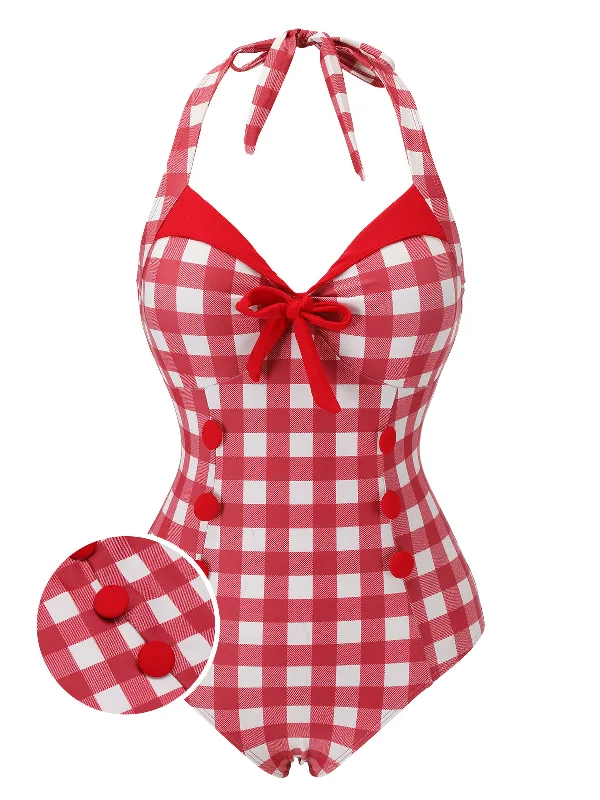 Red 1950s Plaids Added Bowknot Swimsuit Sporty Racerback Swimsuit
