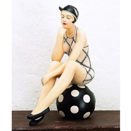 Bathing Beauty Figurine on Beach Ball - Black & White Swimsuit & Head Scarf Sporty Swimsuit Style