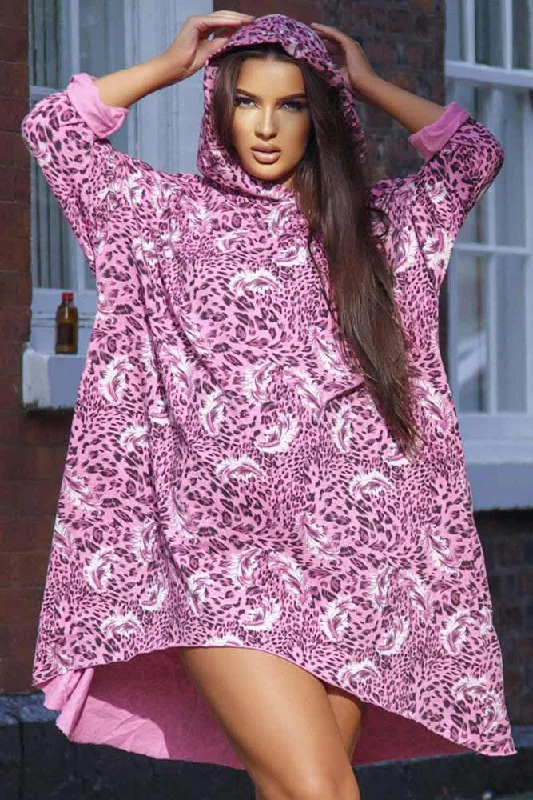 Italian Leopad Printed Baggy Hoodie Dress Hoodie Jacket Zipper Layering