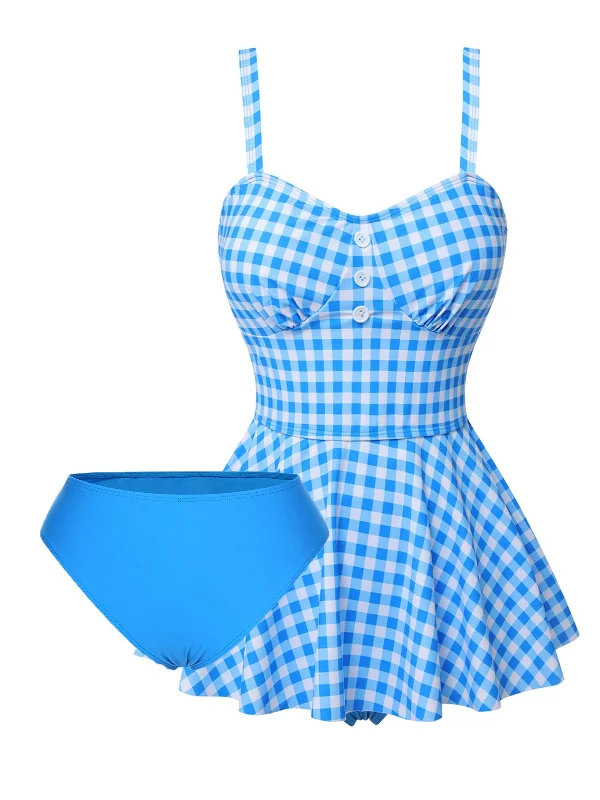 Dark Blue 1950s Plaid Spaghetti Strap Swimsuit Adjustable Strap Swimsuit