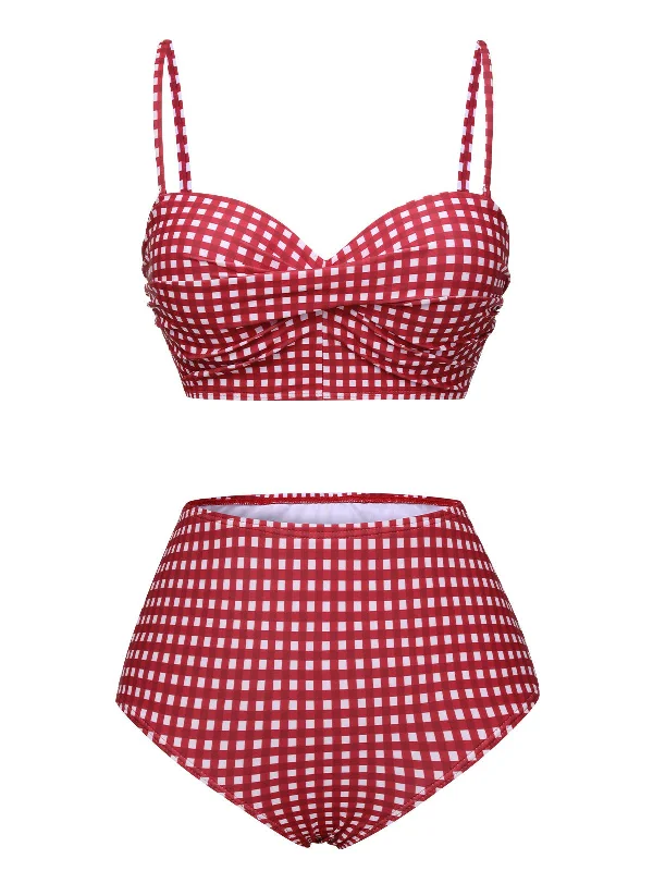 1950s Gingham Plaid Suspender Swimsuit Sleek Full Coverage