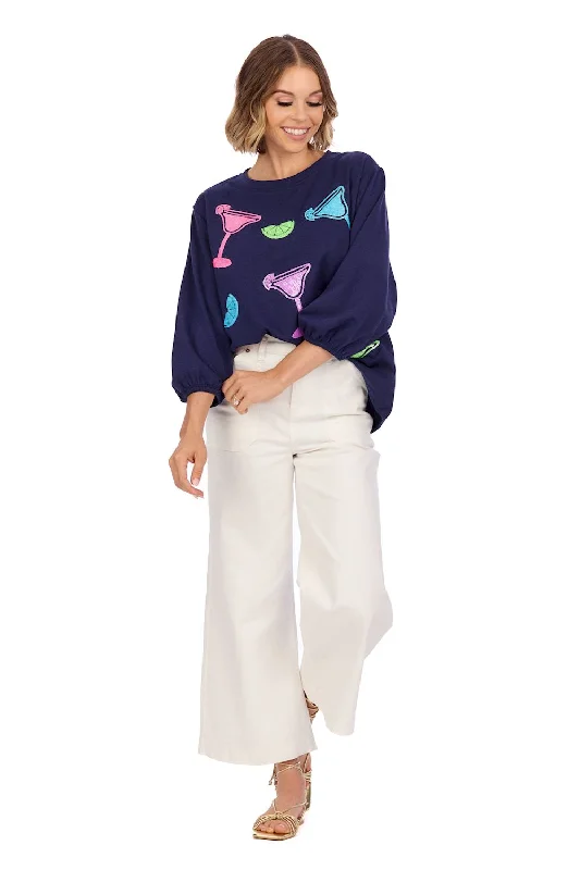 Drink Sparkle Sweatshirt in Navy by Mudpie Hoodie with Puffed Sleeves Voluminous Trendy