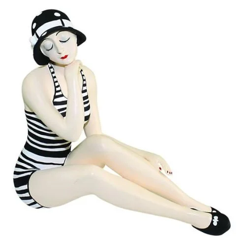 Bathing Beauty Figurine in Black & White Striped Swimsuit - Medium Size Bather Statue Sitting Stylish Cover-Up Set