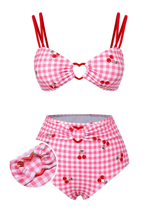 Pink 1950s Plaid & Cherry Strap Swimsuit Mesh Detail Bikini