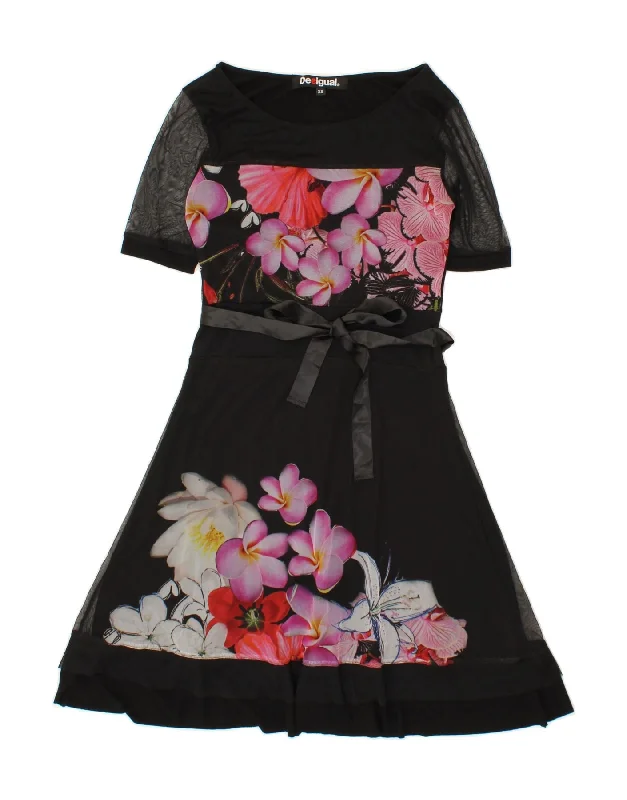 DESIGUAL Womens Short Sleeves A-Line Dress UK 4 XS Black Floral Pencil Office Professional