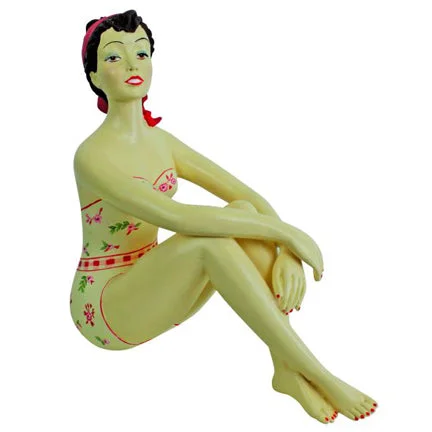 Vintage Bathing Beauty Figurine in Strapless Floral Swimsuit and Red Hair Bow with Knees Up - Collectible Retro-Inspired Bikini Set