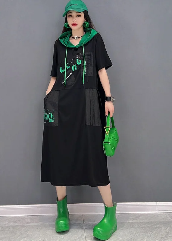 Casual Black Colorblock Hooded Cotton Sweatshirts Dress Short Sleeve Hoodie with Print Artistic Unique