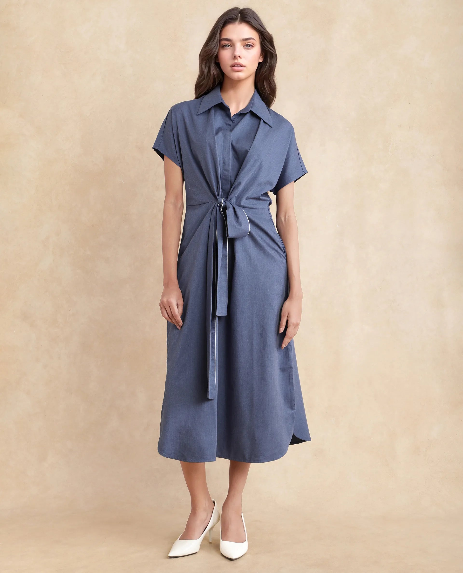 Rareism Women Bhaque Light Blue Tencel Fabric Short Sleeve Collared Neck Button Closure Relaxed Fit Midi Plain Dress Tunics Polka dots Rareism Women Bhaque Light Blue Tencel Fabric Short Sleeve Collared Neck Button Closure Relaxed Fit Midi Plain Dress Tunics Polka dots