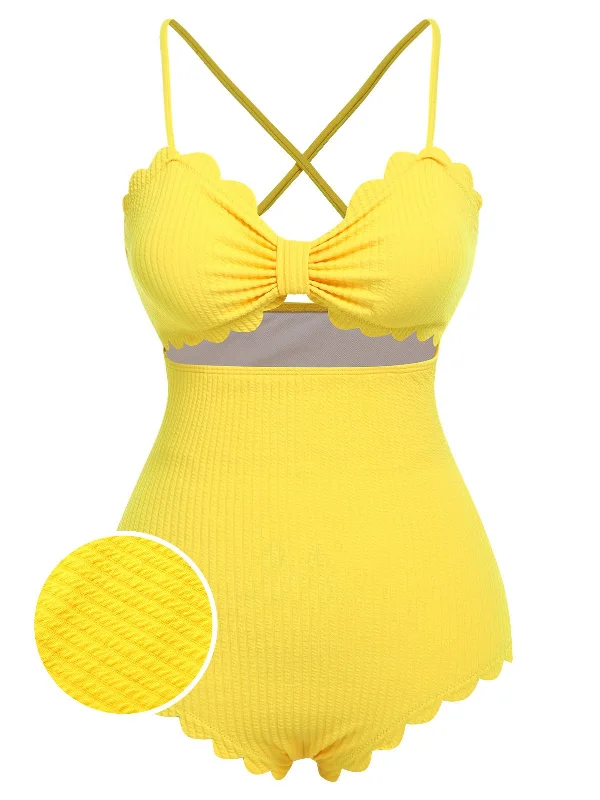 Yellow 1950s Spaghetti Strap One-Piece Swimsuit Ruched Swimwear Set