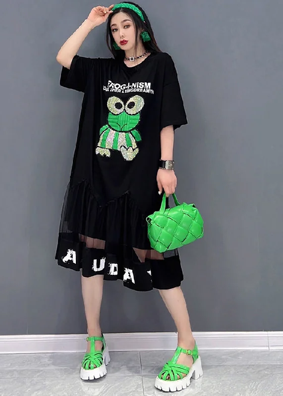 Bohemian Black Patchwork Tulle Diamonds Cotton Sweatshirt Dress Short Sleeve Hoodie with Pocket Utility Practical