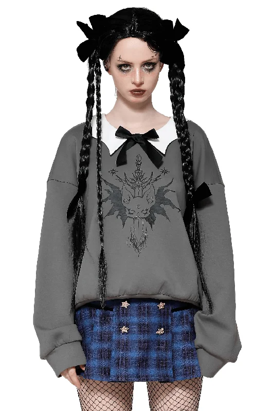 Gothic Collar Bow Sweatshirt with Unique Cat Design Hoodie with Hem Detail Decorative Unique