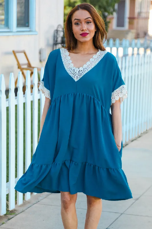 Plus Teal Blue Crepe Crochet Lined Dress Tunics Fall fleece