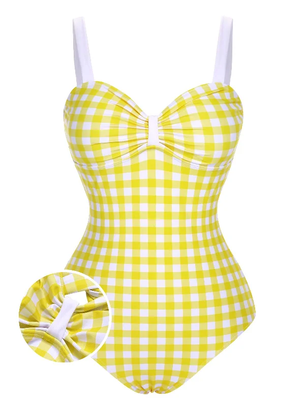 Yellow 1950s Plaid Strap Pleated Swimsuit Flirty Ruffle Swimsuit