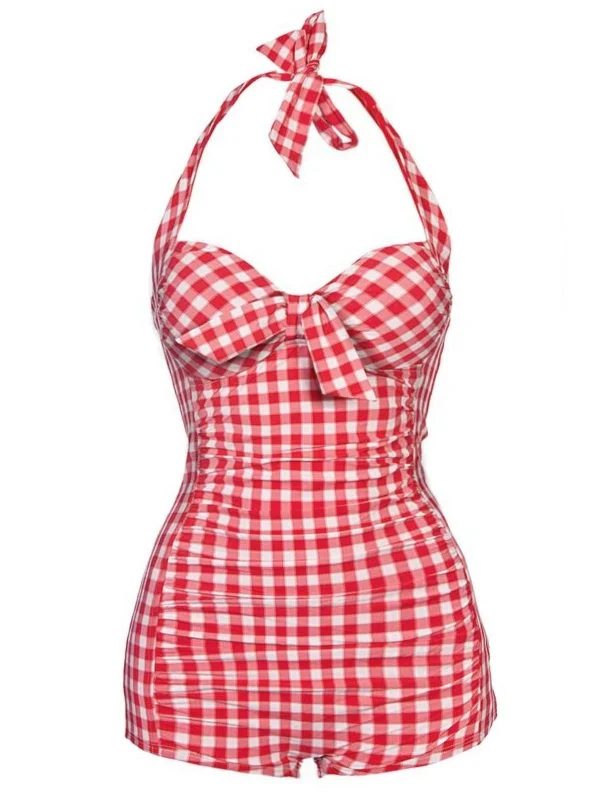 Red 1950s Plaid Halter One-piece Swimsuit Timeless Black Bikini