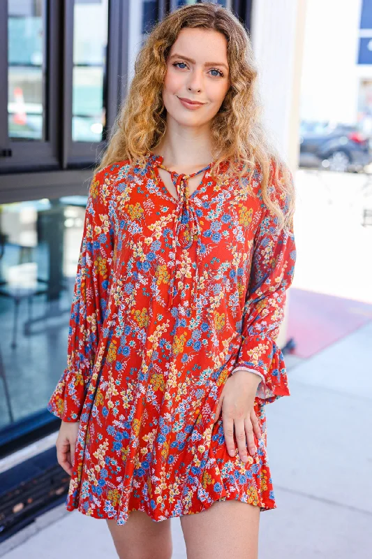Rust Floral Tie Front Dress Tunics Sophisticated sleek