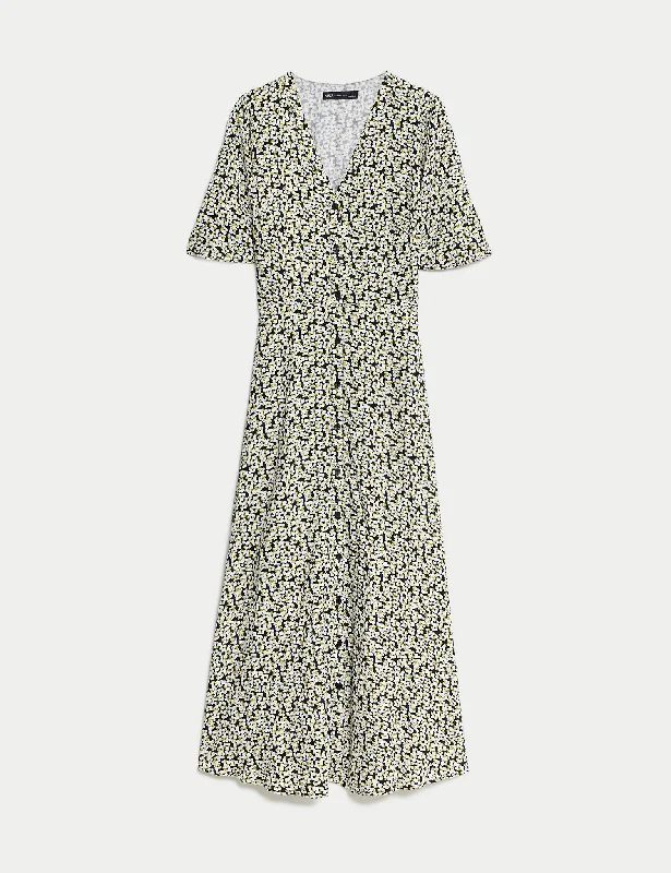Printed V-Neck Midi Tea Dress Tunics Floral girly