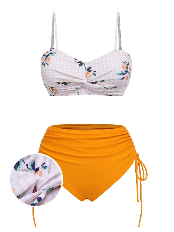 Turmeric 1940s Spaghetti Strap Roses Swimsuit Stylish Beachwear Set
