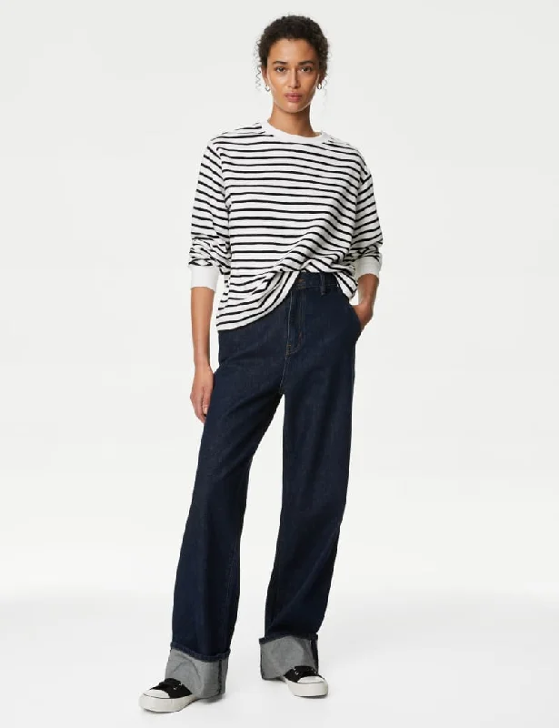 Cotton Rich Striped Crew Neck Sweatshirt Hoodie with Lining Warm Insulated