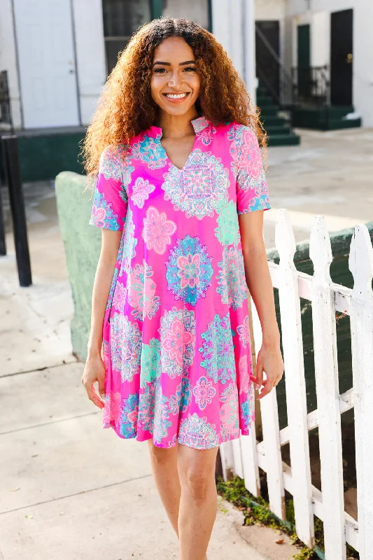 Fuchsia Printed Pocketed Dress Tunics Lace romantic