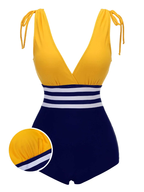 Yellow & Blue 1950s Striped Lace-Up Swimsuit Button-Front Swimsuit