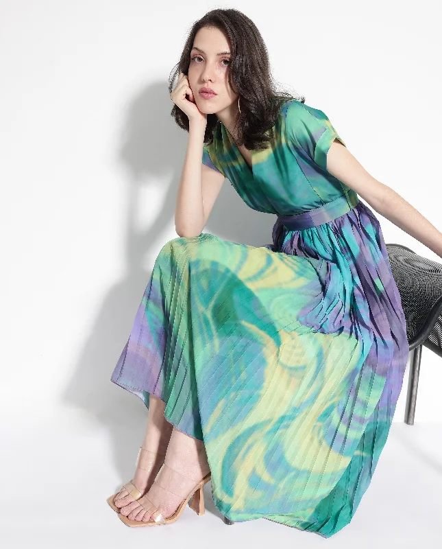 Rareism Women Gevinson Multi Polyester Fabric Cap Sleeve Key Hole Neck Longline Fit And Flare Abstract Print Dress Tunics Designer luxury