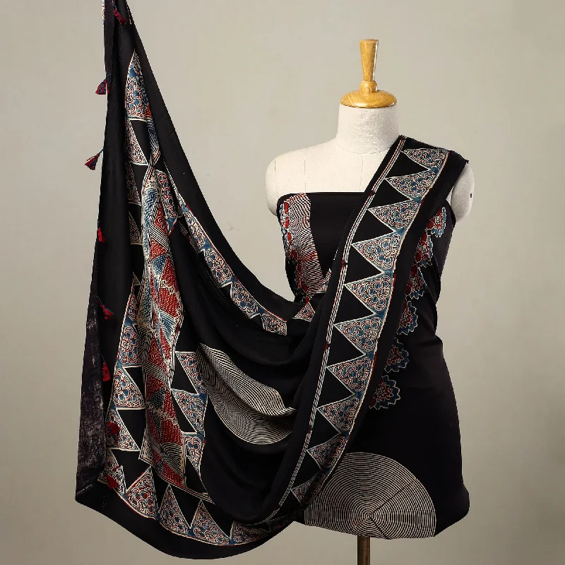 Black - 2pc Modal Silk Block Print Ajrakh Dress Material 08 Tunics Corduroy durable