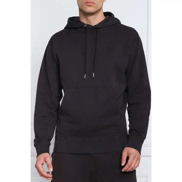 Hugo Boss Elegant Dark Blue Cotton Hooded Sweatshirt Hoodie with Side Slits Relaxed Casual