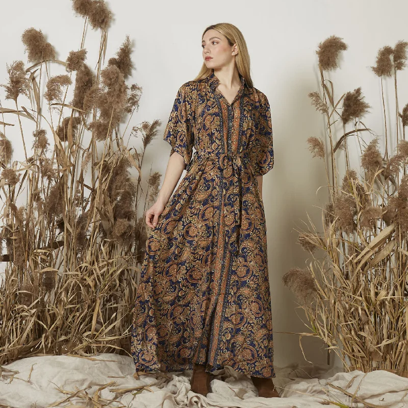 Wholesale ethnic printed long dress in silk A-Line Day Work