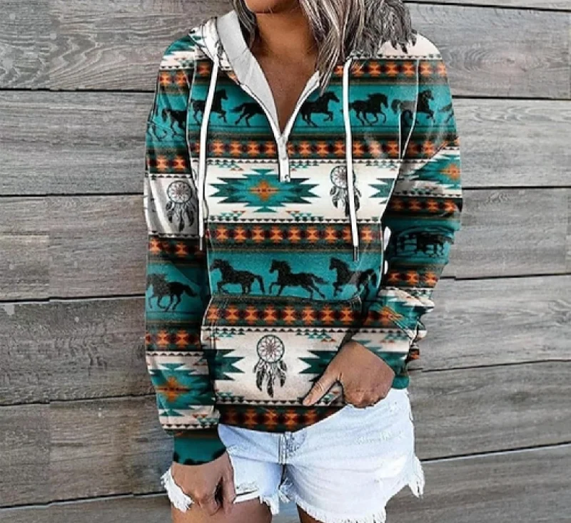 RUNNING HORSE LADIES HOODIE Hoodie with Exposed Zipper Edgy Industrial