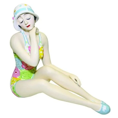 Bathing Beauty Figurine in Floral Pastel Colored Swimsuit - Medium Size Bather Statue Sitting Elegant Ruffle Swimsuit