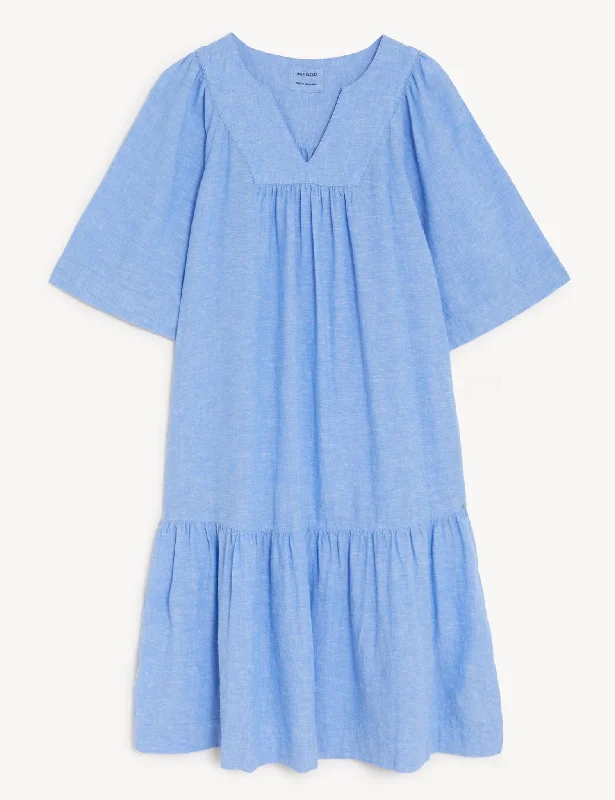 Linen Blend V-Neck Knee Length Tiered Dress Tunics Fleece cozy