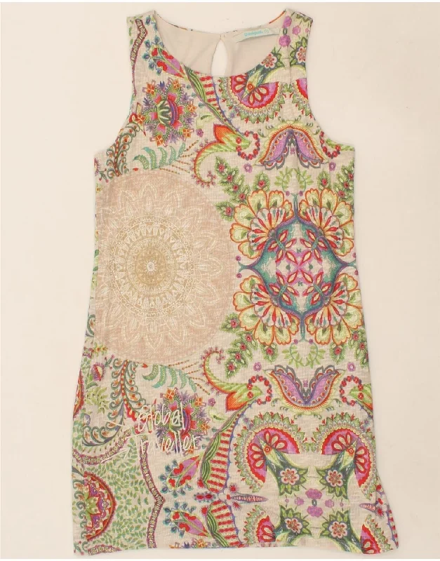 DESIGUAL Womens Sleeveless Shift Dress UK 12 Medium Beige Floral Polyester Tunics Formal black