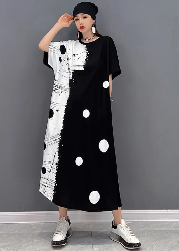 Women Black White Patchwork Dot Print Cotton Sweatshirt Long Dress Short Sleeve Hoodie with Hood Adjustable Protection