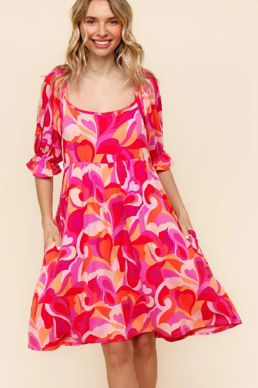 SQUARE NECK KNEE LENGTH DRESS W/SIDE POCKETS Casual Short Summer
