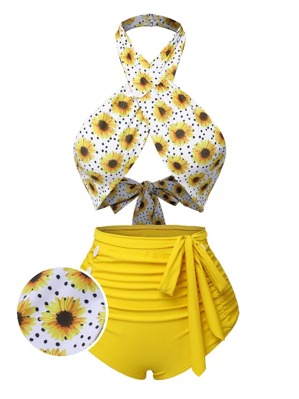 Yellow 1950s Sunflower Cross Halter Swimsuit Shiny One-Piece Swimsuit