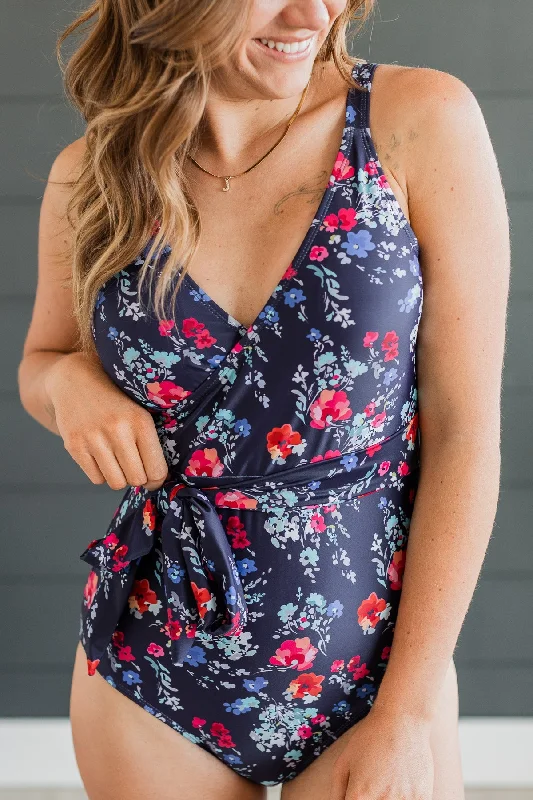 FINAL SALE Beach Party One-Piece Swimsuit - Navy Floral Adjustable Bikini Bottoms