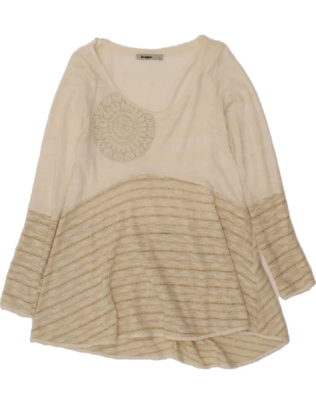 DESIGUAL Womens Long Sleeve Tunic Dress UK 10 Small Beige Colourblock Bodycon Club Sequined