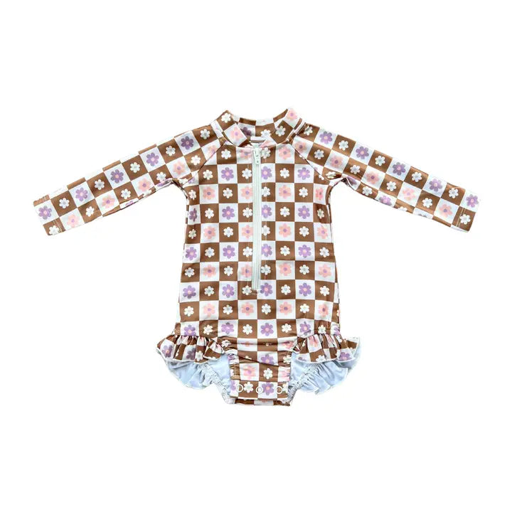 One Piece Ruffle Rash Guard Swimsuit Checker in Retro Daisy Full Coverage Swimsuit