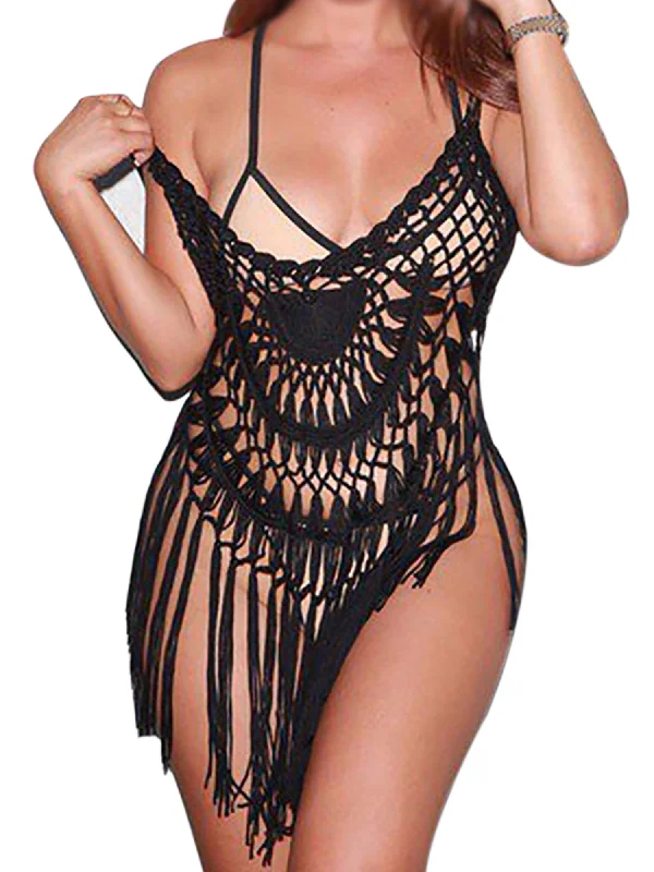 Swim Cover Up for Women Hollow Out Tassel Spaghetti Strap  Summer Bathing Suit Sleeveless Casual Loose Swimsuit Beach Dress Tops Vibrant Bikini Design