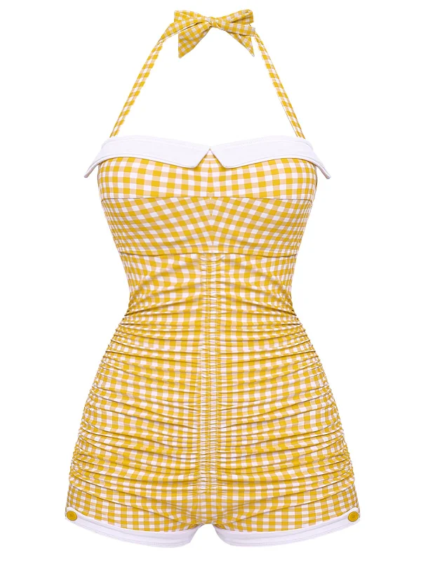 Gingham 1950s Halter Bowknot One-piece Swimsuit High-Waist Bikini Set
