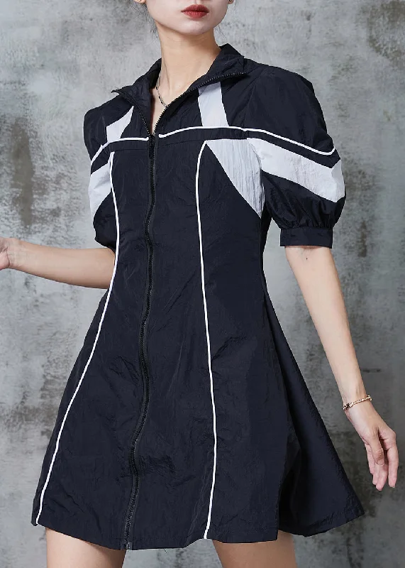 Beautiful Black Zip Up Patchwork Spandex Sweatshirt Dresses Summer Cotton Hoodie Fleece Lining Warmth