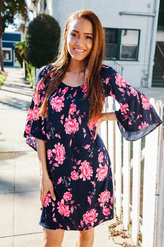 Navy & Pink Floral Scrunch Neck Dress Tunics Bestseller popular
