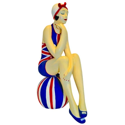 Bathing Beauty Figurine in Red, White, & Blue Union Jack Swimsuit with Matching Beach Ball Sleek Racerback Swimsuit