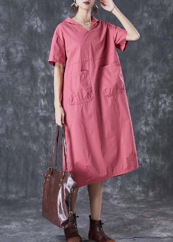 Handmade Brick Red Hooded Pockets Cotton Sweatshirts Dress Summer Hoodie with Lining Warm Insulated