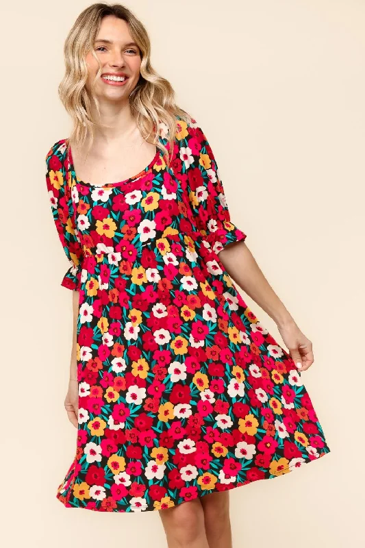 SQUARE NECK KNEE LENGTH BABYDOLL KNIT DRESS Maxi Flowy Bohemian