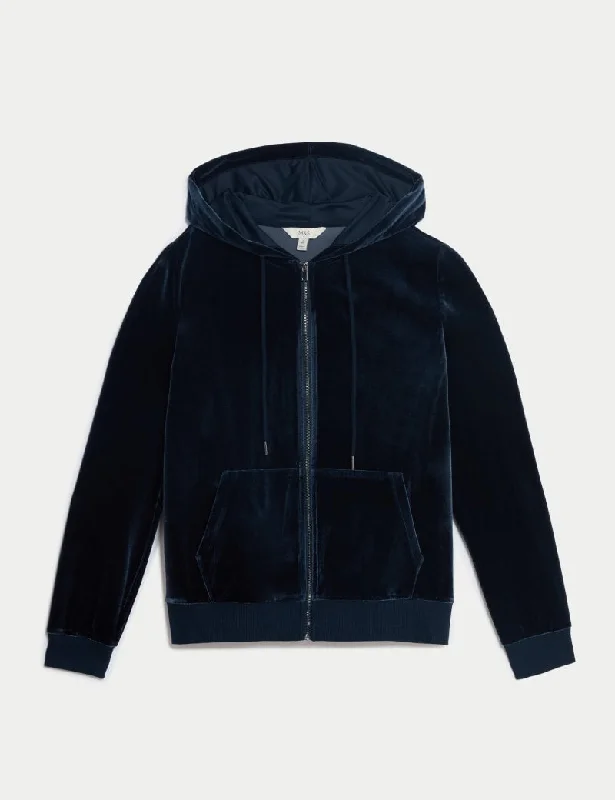 Velour Hoodie Hoodie with Ribbed Hem Stretchable Secure