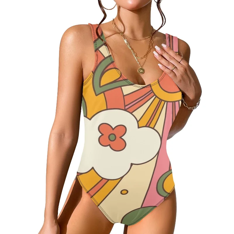Groovy Hippie Retro 70s Sunshine Low Back One Piece Swimsuit Push-Up Bikini Bottoms